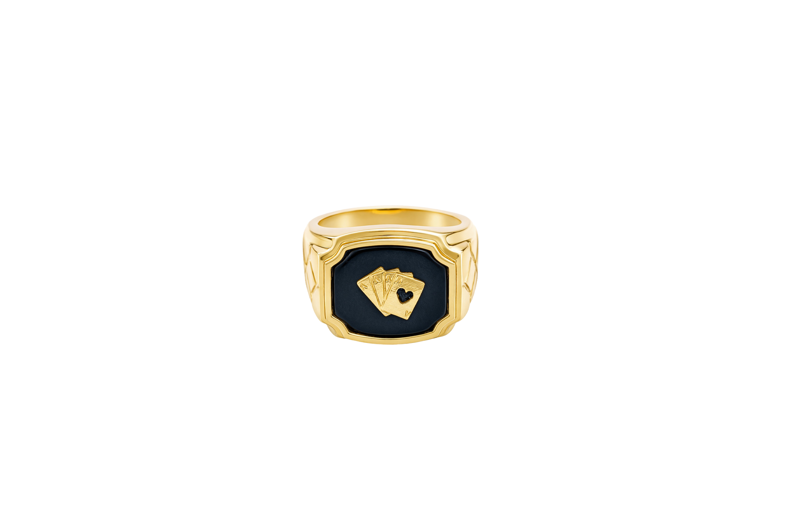 14KT Gold Ring Men's Onyx Square with Playing Cards Center Side Design Triple Stack Rhombus