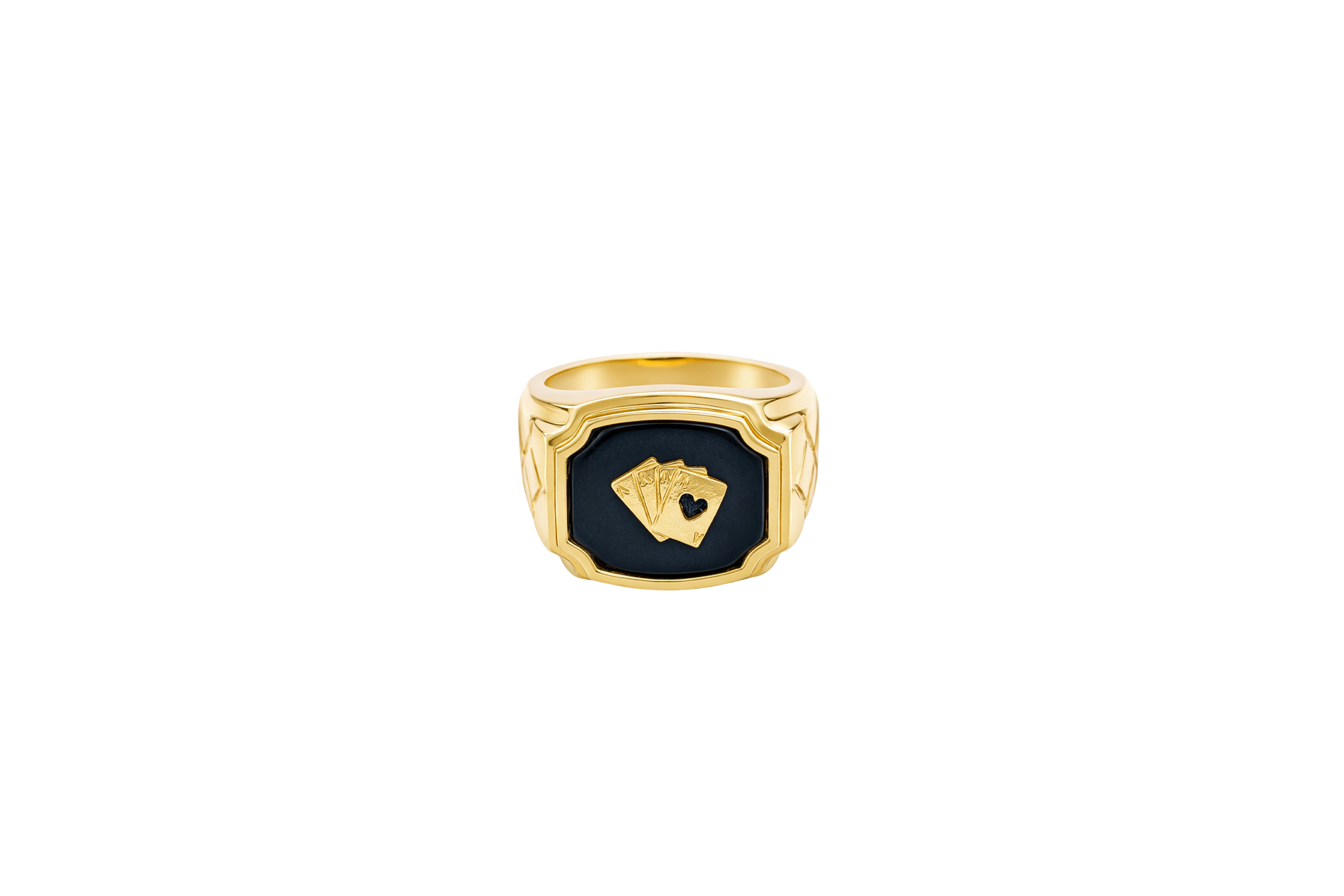 14KT Gold Ring Men's Onyx Square with Playing Cards Center Side Design Triple Stack Rhombus