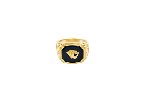 14KT Gold Ring Men's Onyx Square with Playing Cards Center Side Design Triple Stack Rhombus