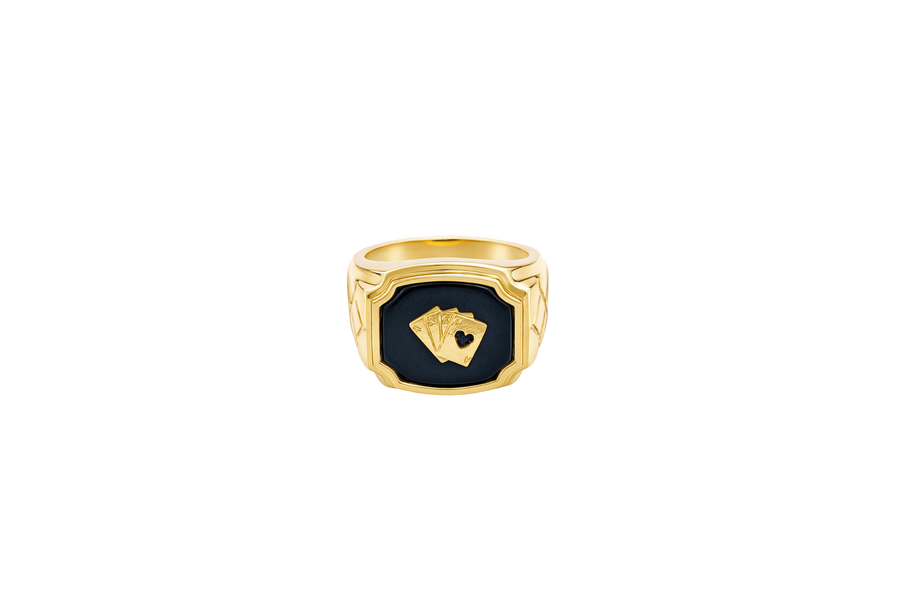 14KT Gold Ring Men's Onyx Square with Playing Cards Center Side Design Triple Stack Rhombus