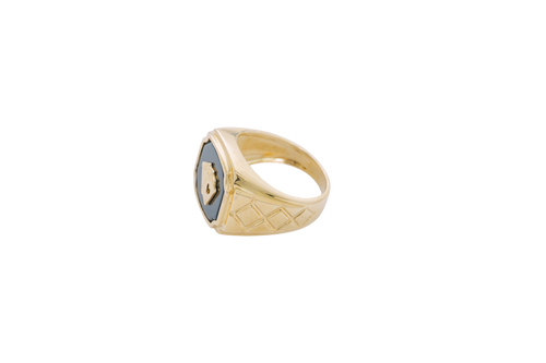 14KT Gold Ring Men's Square Onyx Four Fanned Playing Cards "Full House" Side Design Triple Stack Rhombus