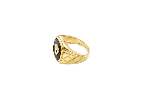 14KT Gold Ring Men's Onyx Square with Playing Cards Center Side Design Triple Stack Rhombus