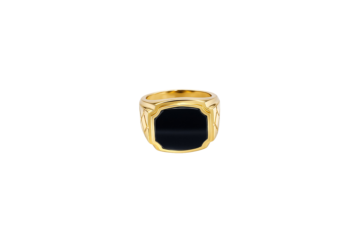 14KT Gold Ring Men's Plain Square Signet Onyx Side Design Triple Stack Rhombus
