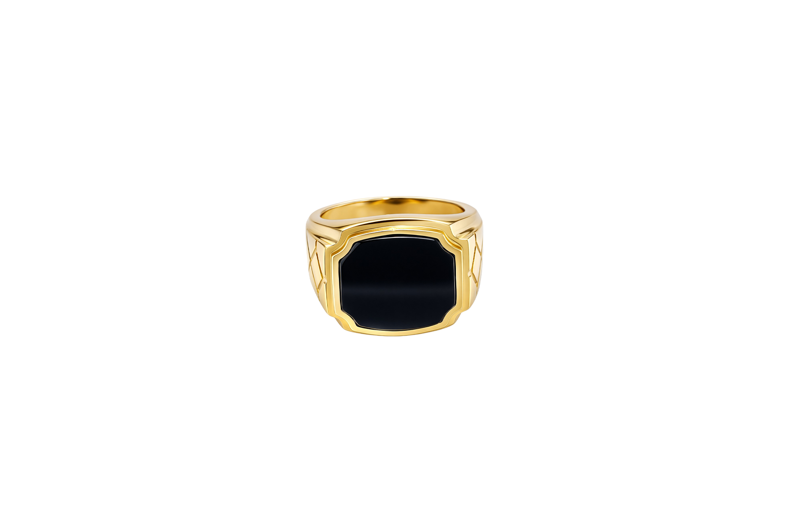 14KT Gold Ring Men's Plain Square Signet Onyx Side Design Triple Stack Rhombus