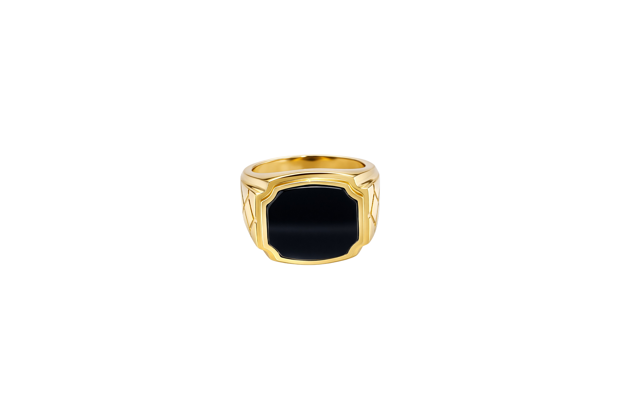 14KT Gold Ring Men's Plain Square Signet Onyx Side Design Triple Stack Rhombus