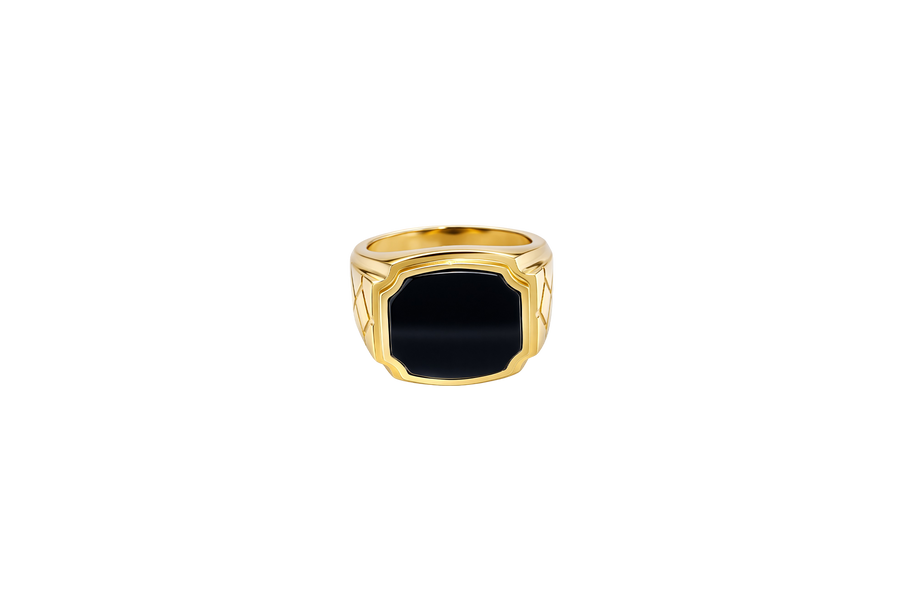 14KT Gold Ring Men's Plain Square Signet Onyx Side Design Triple Stack Rhombus