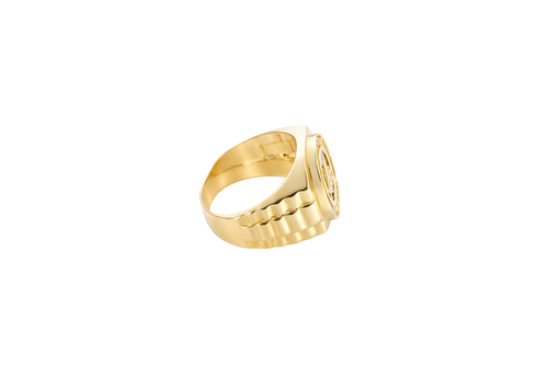 14KT Gold Ring Men's Round Masonic/Onyx with White CZ Stone Border Side Design Jubilee