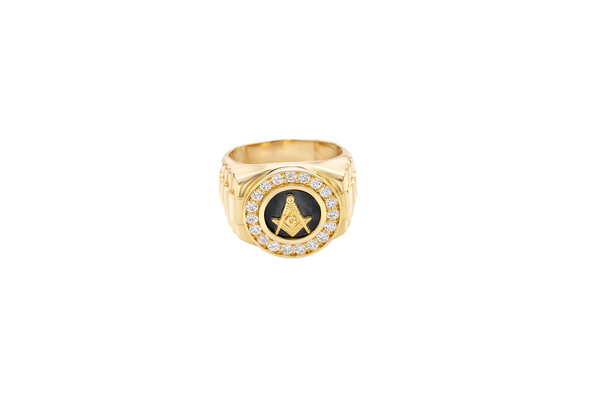 14KT Gold Ring Men's Round Masonic/Onyx with White CZ Stone Border Side Design Jubilee