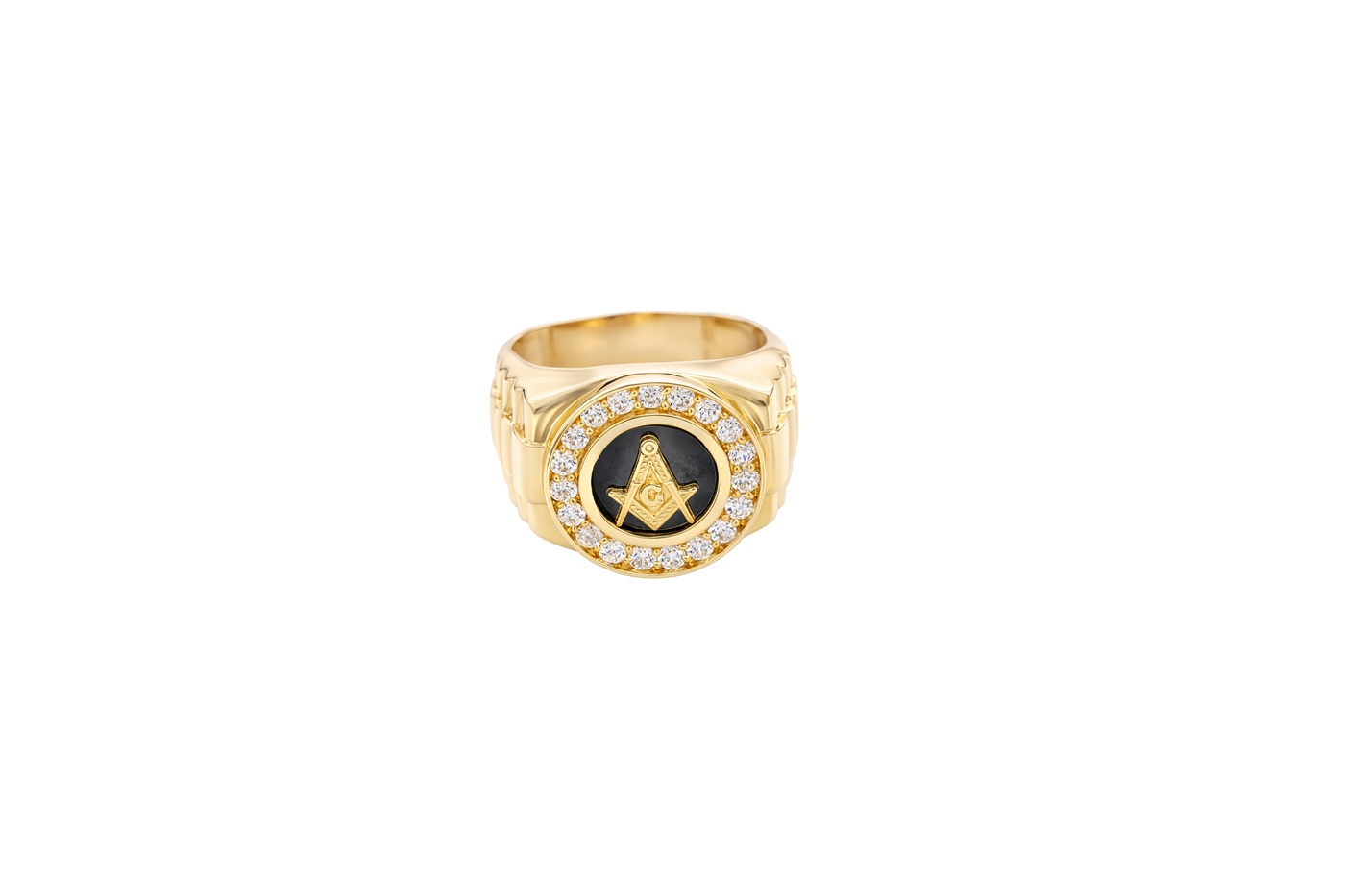 14KT Gold Ring Men's Round Masonic/Onyx with White CZ Stone Border Side Design Jubilee