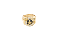 14KT Gold Ring Men's Round Masonic/Onyx with White CZ Stone Border Side Design Jubilee