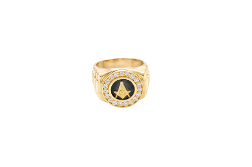 14KT Gold Ring Men's Round Masonic/Onyx with White CZ Stone Border Side Design Jubilee