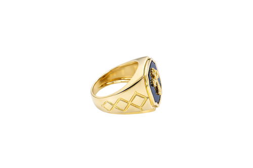 14KT Gold Ring Men's Square Cross Plain Onyx Background and Border Side Design Triple Rhombus Stacked Diamond Shape
