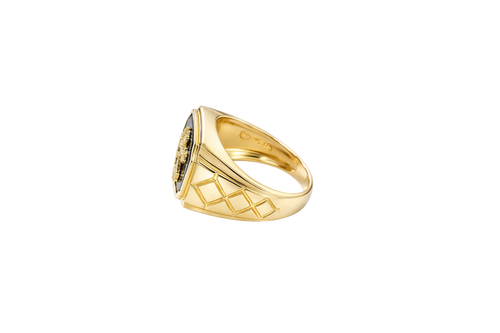 14KT Gold Ring Men's Square Cross Plain Onyx Background and Border Side Design Triple Rhombus Stacked Diamond Shape