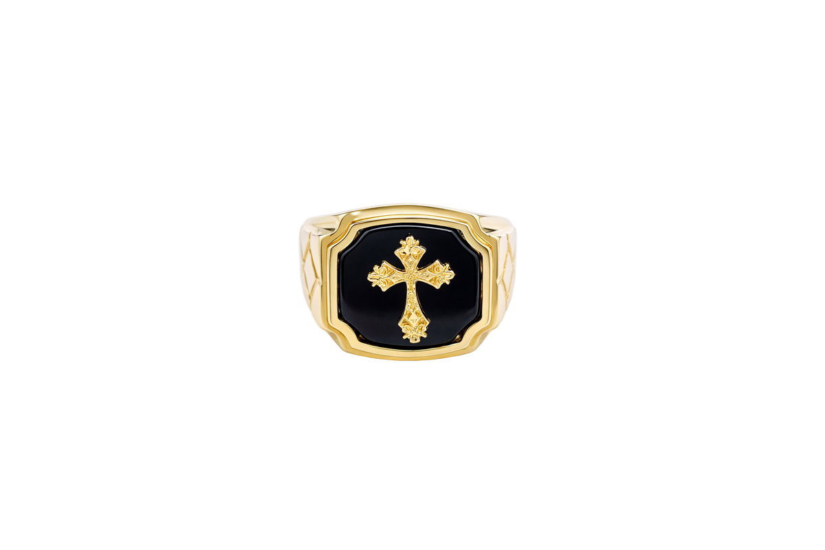 14KT Gold Ring Men's Square Cross Plain Onyx Background and Border Side Design Triple Rhombus Stacked Diamond Shape