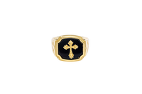14KT Gold Ring Men's Square Cross Plain Onyx Background and Border Side Design Triple Rhombus Stacked Diamond Shape