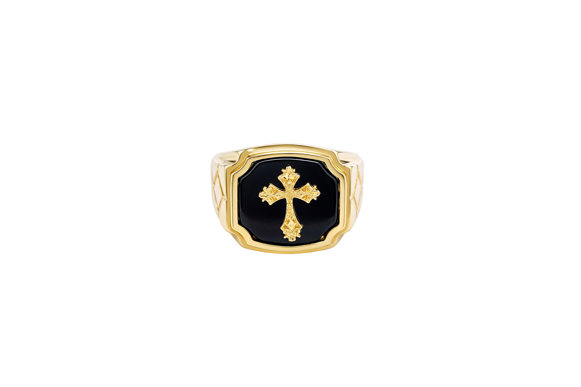 14KT Gold Ring Men's Square Cross Plain Onyx Background and Border Side Design Triple Rhombus Stacked Diamond Shape