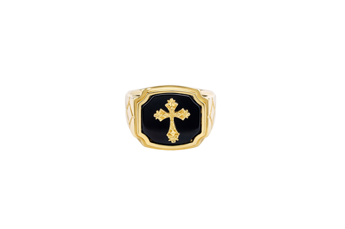 14KT Gold Ring Men's Square Cross Plain Onyx Background and Border Side Design Triple Rhombus Stacked Diamond Shape