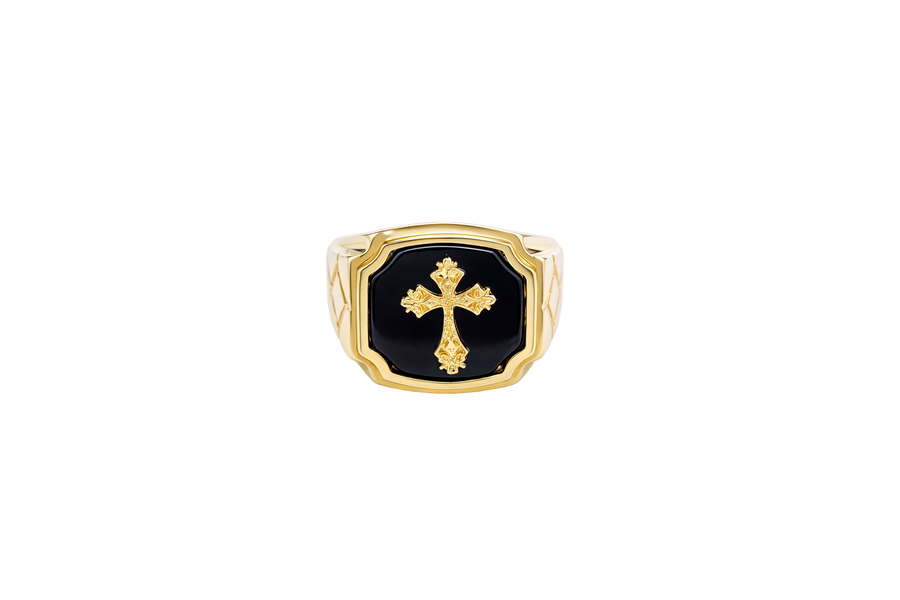 14KT Gold Ring Men's Square Cross Plain Onyx Background and Border Side Design Triple Rhombus Stacked Diamond Shape
