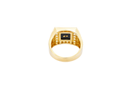 14KT Gold Ring Men's Square Onyx Cross Outline Center with White CZ Top Stones Side Design Greek