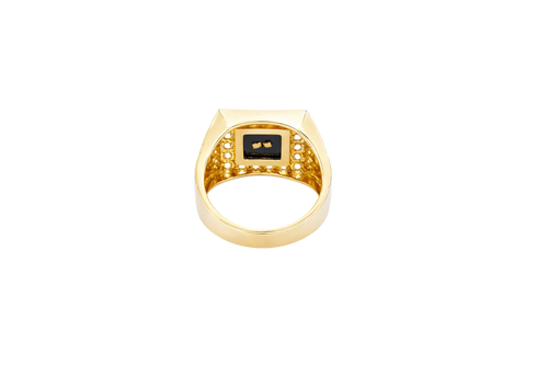 14KT Gold Ring Men's Square Onyx Cross Outline Center with White CZ Top Stones Side Design Greek