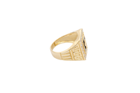 14KT Gold Ring Men's Square Onyx Cross Outline Center with White CZ Top Stones Side Design Greek