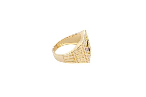 14KT Gold Ring Men's Square Onyx Cross Outline Center with White CZ Top Stones Side Design Greek