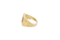 14KT Gold Ring Men's Square Onyx Cross Outline Center with White CZ Top Stones Side Design Greek