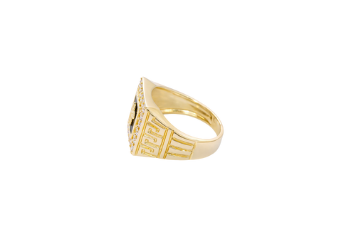 14KT Gold Ring Men's Square Onyx Cross Outline Center with White CZ Top Stones Side Design Greek