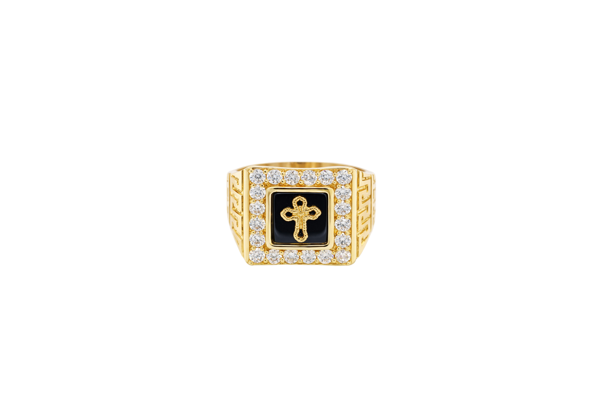 14KT Gold Ring Men's Square Onyx Cross Outline Center with White CZ Top Stones Side Design Greek