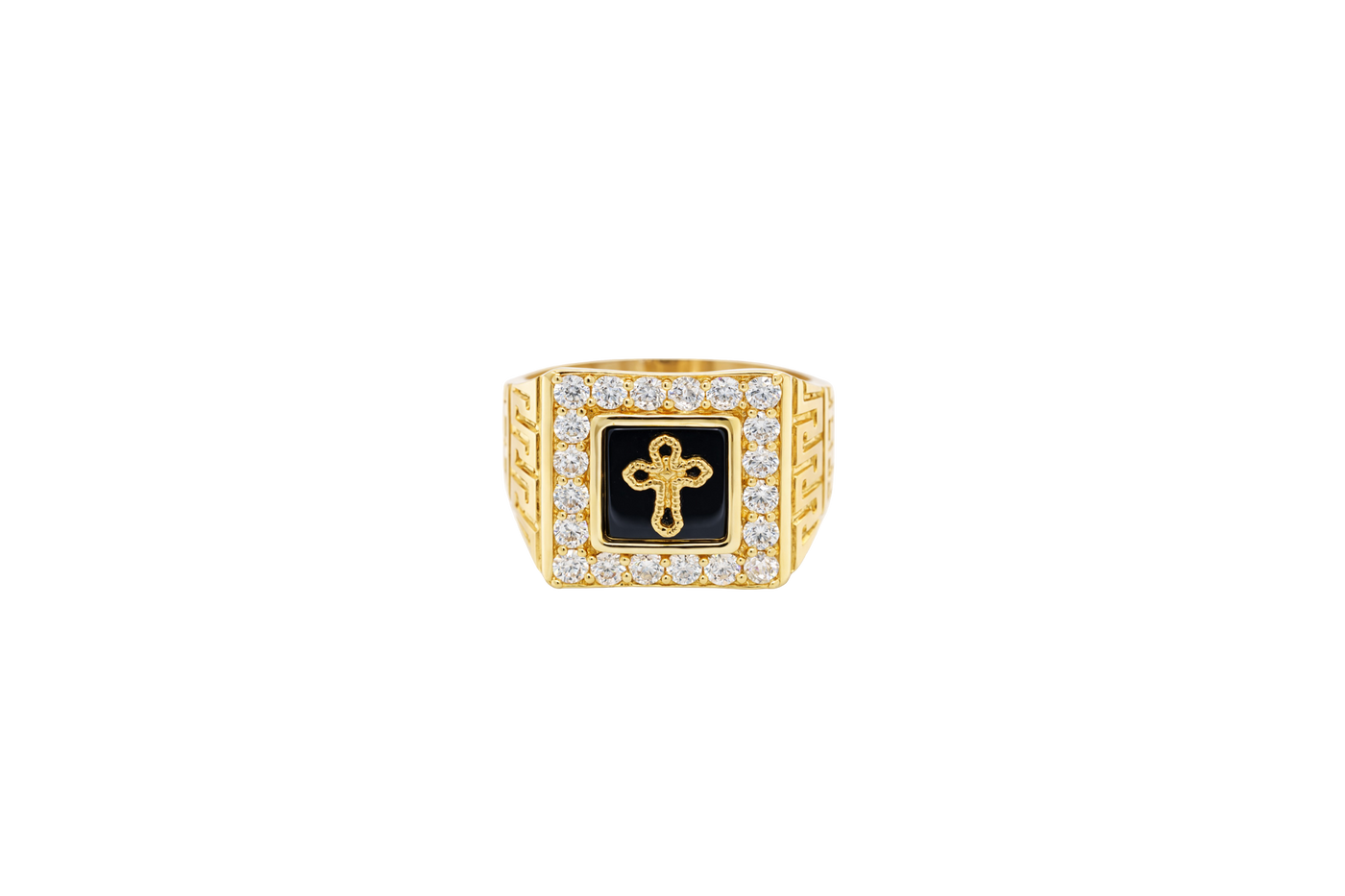 14KT Gold Ring Men's Square Onyx Cross Outline Center with White CZ Top Stones Side Design Greek