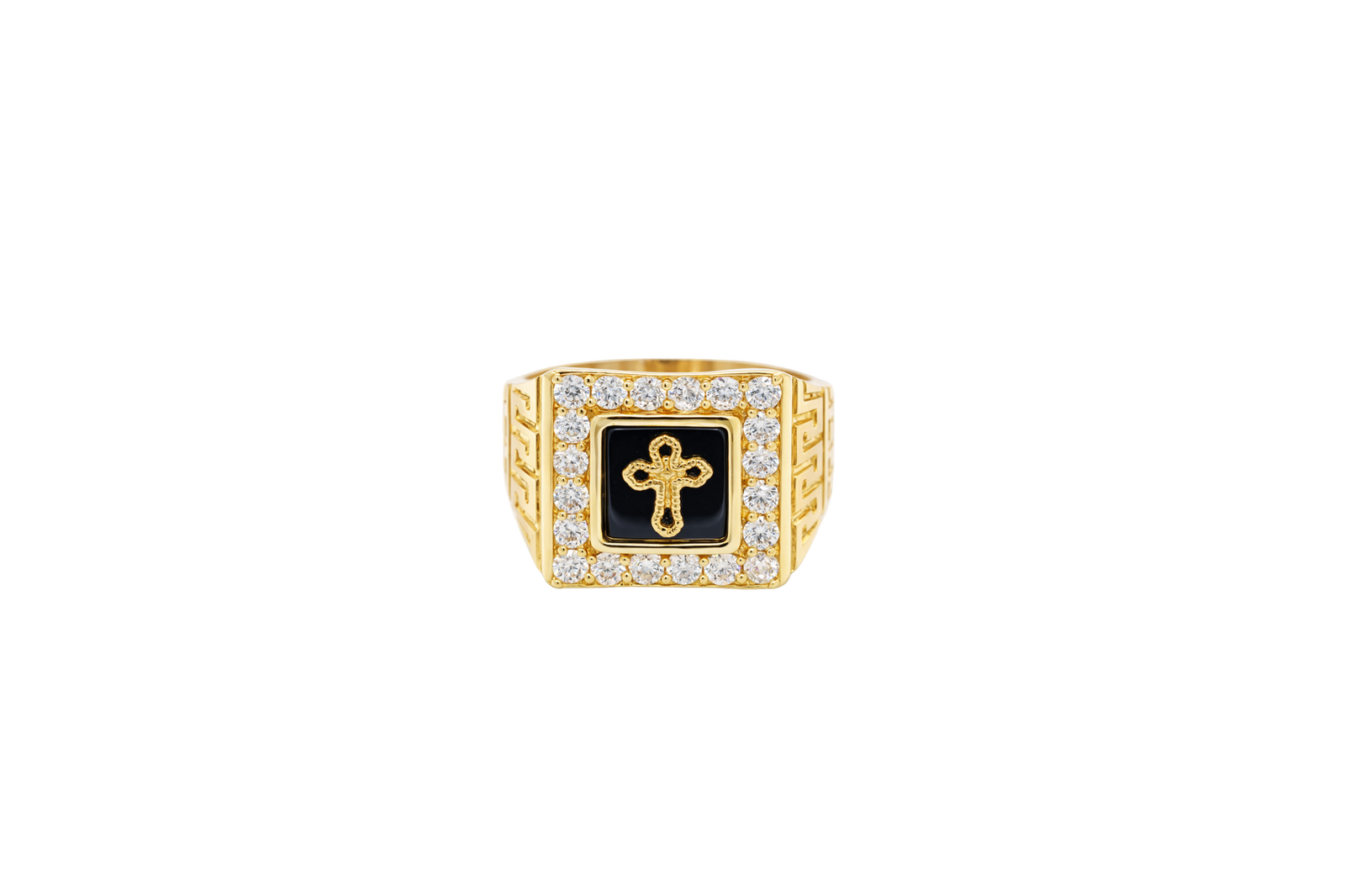 14KT Gold Ring Men's Square Onyx Cross Outline Center with White CZ Top Stones Side Design Greek