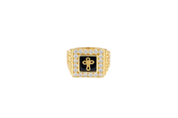 14KT Gold Ring Men's Square Onyx Cross Outline Center with White CZ Top Stones Side Design Greek