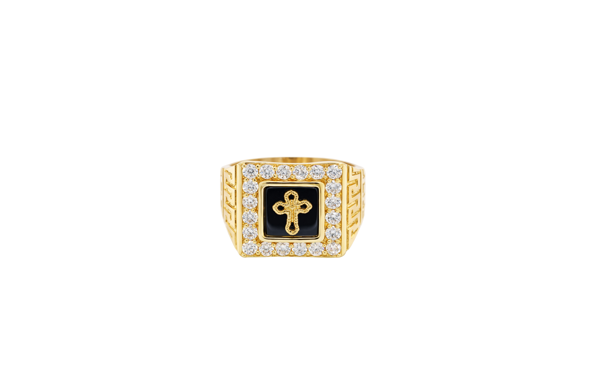 14KT Gold Ring Men's Square Onyx Cross Outline Center with White CZ Top Stones Side Design Greek