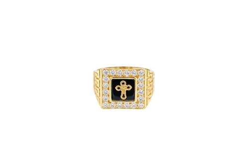 14KT Gold Ring Men's Square Onyx Cross Outline Center with White CZ Top Stones Side Design Greek
