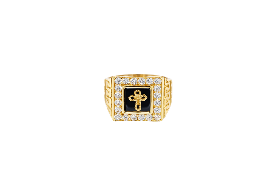 14KT Gold Ring Men's Square Onyx Cross Outline Center with White CZ Top Stones Side Design Greek