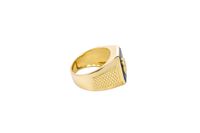14KT Gold Ring Men's Square Octagon Horse Head in a Horseshoe with an Onyx Background and Plain Border Side Design Raised Square Dots