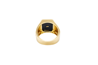 14KT Gold Ring Men's Square Octagon Horse Head in a Horseshoe with an Onyx Background and Plain Border Side Design Raised Square Dots