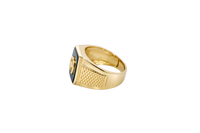 14KT Gold Ring Men's Square Octagon Horse Head in a Horseshoe with an Onyx Background and Plain Border Side Design Raised Square Dots