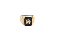 14KT Gold Ring Men's Square Octagon Horse Head in a Horseshoe with an Onyx Background and Plain Border Side Design Raised Square Dots