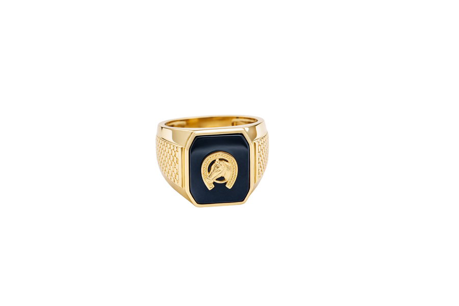 14KT Gold Ring Men's Square Octagon Horse Head in a Horseshoe with an Onyx Background and Plain Border Side Design Raised Square Dots