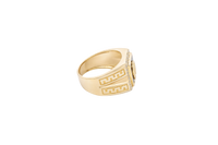 14KT Gold Ring Men's Onyx Square Horse Portrait with Horseshoe Frame and White CZ Stone Border Side Design Greek V Shape Border