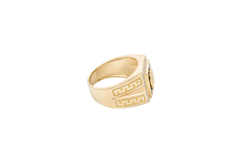14KT Gold Ring Men's Onyx Square Horse Portrait with Horseshoe Frame and White CZ Stone Border Side Design Greek V Shape Border