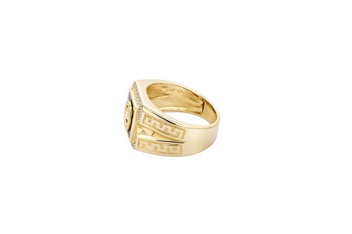 14KT Gold Ring Men's Onyx Square Horse Portrait with Horseshoe Frame and White CZ Stone Border Side Design Greek V Shape Border