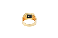 14KT Gold Ring Men's Onyx Square Horse Portrait with Horseshoe Frame and White CZ Stone Border Side Design Greek V Shape Border