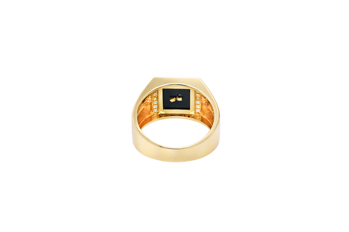14KT Gold Ring Men's Onyx Square Horse Portrait with Horseshoe Frame and White CZ Stone Border Side Design Greek V Shape Border