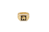 14KT Gold Ring Men's Onyx Square Horse Portrait with Horseshoe Frame and White CZ Stone Border Side Design Greek V Shape Border