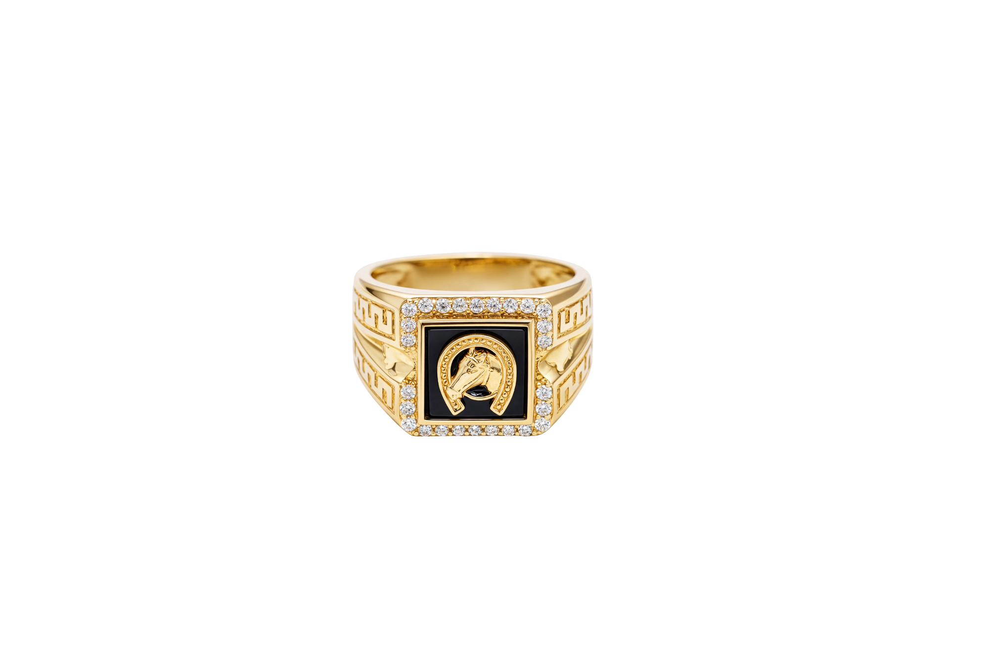 14KT Gold Ring Men's Onyx Square Horse Portrait with Horseshoe Frame and White CZ Stone Border Side Design Greek V Shape Border