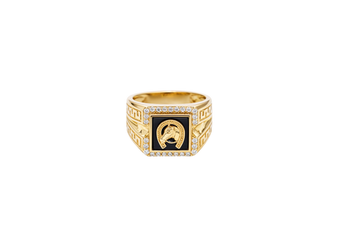 14KT Gold Ring Men's Onyx Square Horse Portrait with Horseshoe Frame and White CZ Stone Border Side Design Greek V Shape Border