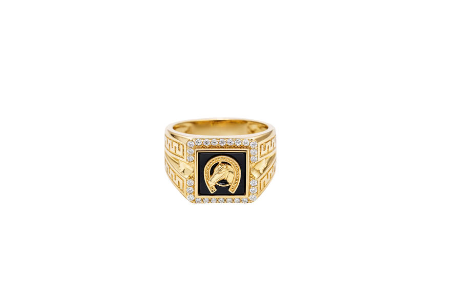 14KT Gold Ring Men's Onyx Square Horse Portrait with Horseshoe Frame and White CZ Stone Border Side Design Greek V Shape Border