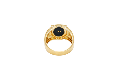14KT Gold Ring Men's Oval Onyx Jesus Head with White CZ Stones Border Side Design Chrome Style Cross on Shield